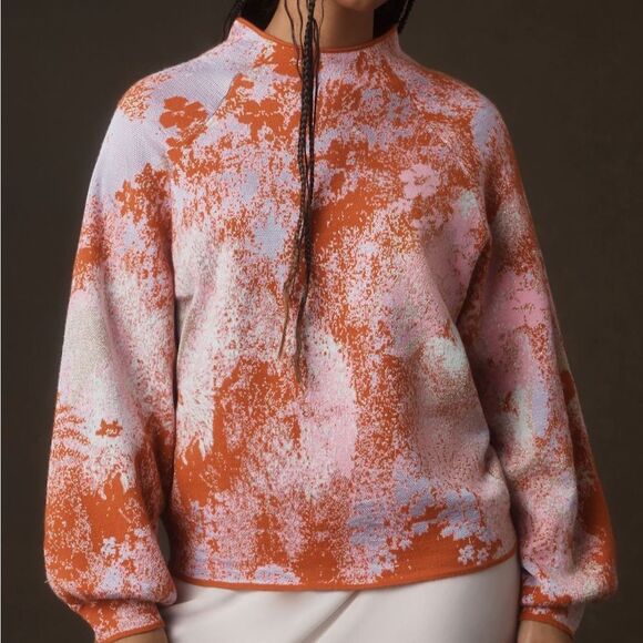 The Beatriz Mock-Neck Sweater:
Lurex Edition Abstract Orange and Pink Sweater - Picture 1 of 8
